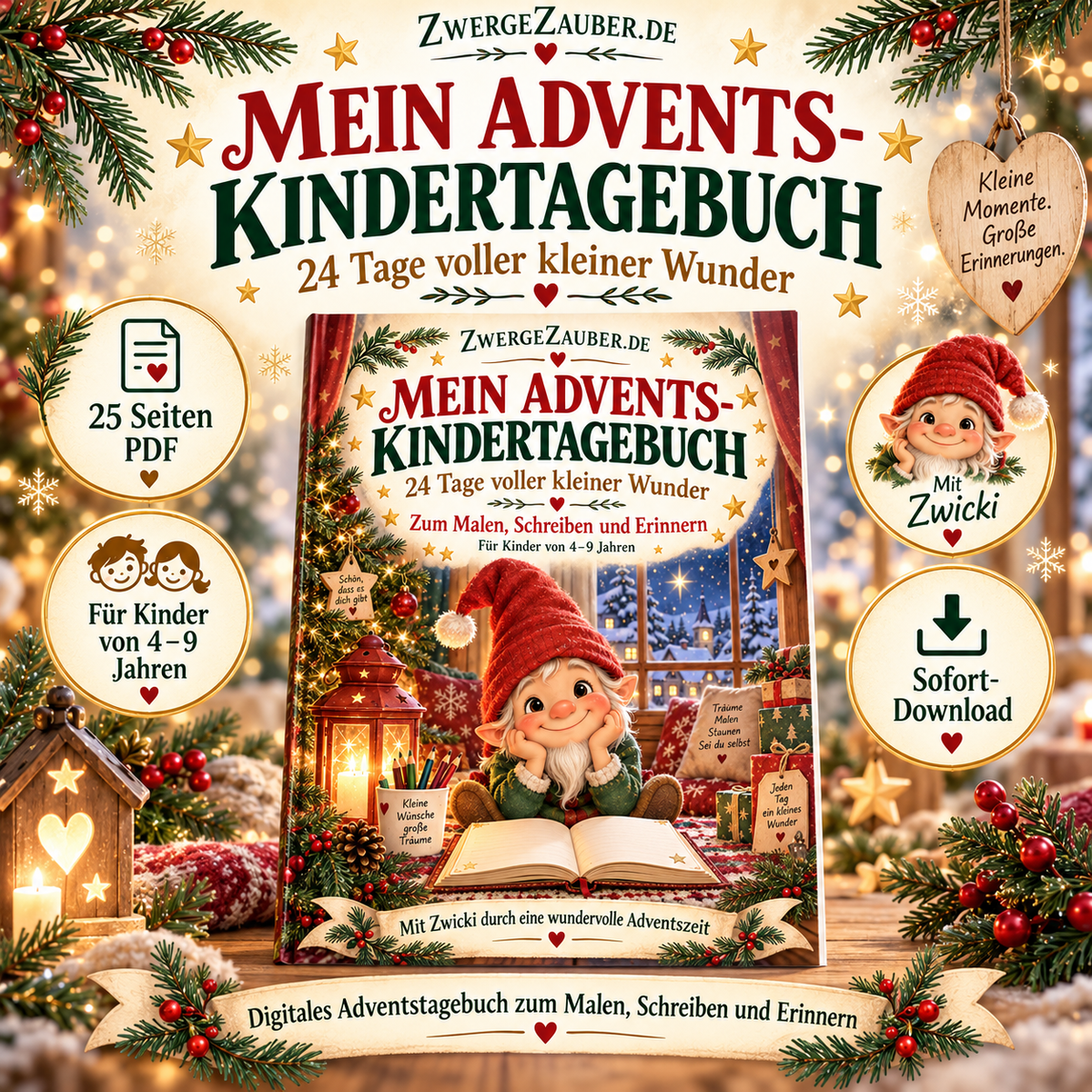 Advents-Kindertagebuch von ZwergeZauber mit Zwicki, 25 Seiten als PDF zum Ausdrucken für Kinder von 4 bis 9 Jahren.