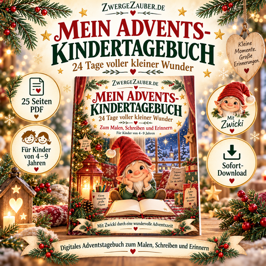 Advents-Kindertagebuch von ZwergeZauber mit Zwicki, 25 Seiten als PDF zum Ausdrucken für Kinder von 4 bis 9 Jahren.