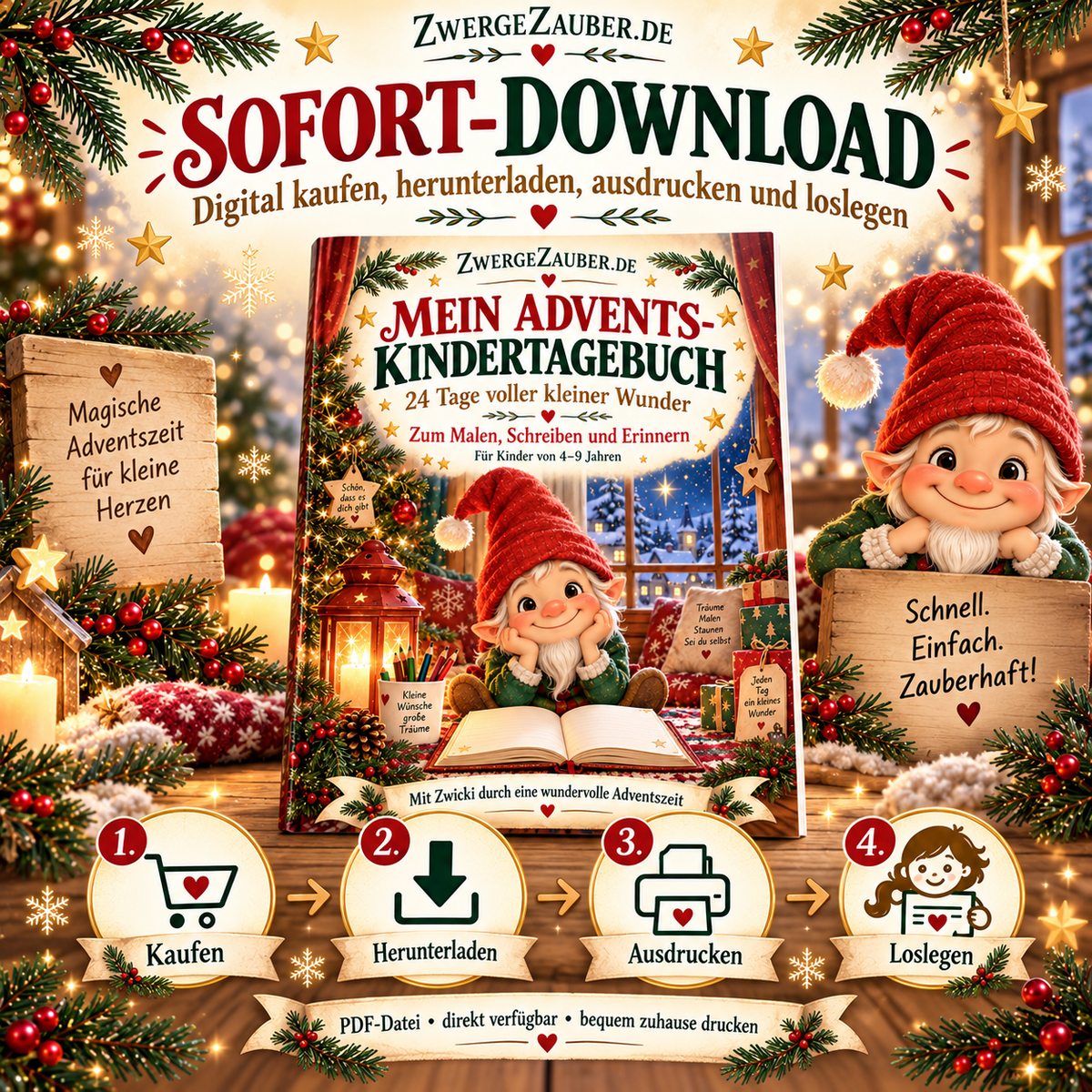 Sofort-Download des Advents-Kindertagebuchs: digitales PDF kaufen, herunterladen, zu Hause ausdrucken und mit Zwicki loslegen.