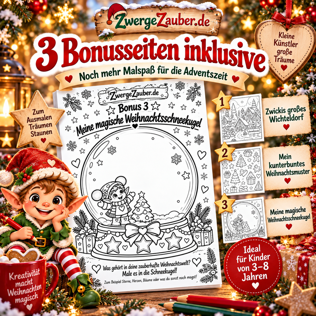 Drei Bonusseiten im Advents-Malbuch mit Zwicki: Wichteldorf, weihnachtliche Muster und große Schneekugel zum kreativen Gestalten.