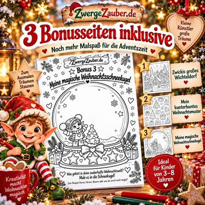 Drei Bonusseiten im Advents-Malbuch mit Zwicki: Wichteldorf, weihnachtliche Muster und große Schneekugel zum kreativen Gestalten.