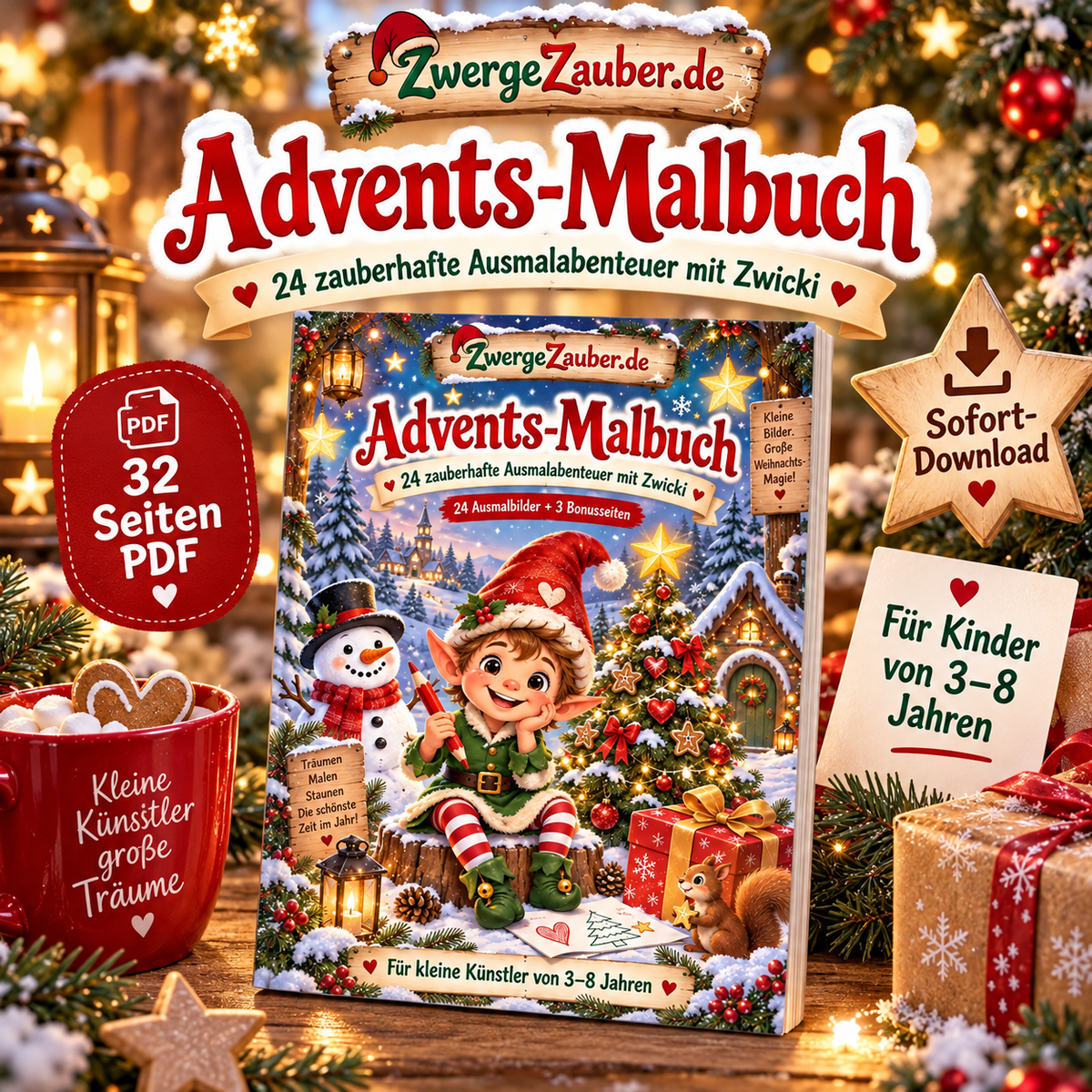 Advents-Malbuch für Kinder von 3 bis 8 Jahren mit Zwicki, 32 Seiten als PDF mit 24 Weihnachts-Ausmalbildern und 3 Bonusseiten.