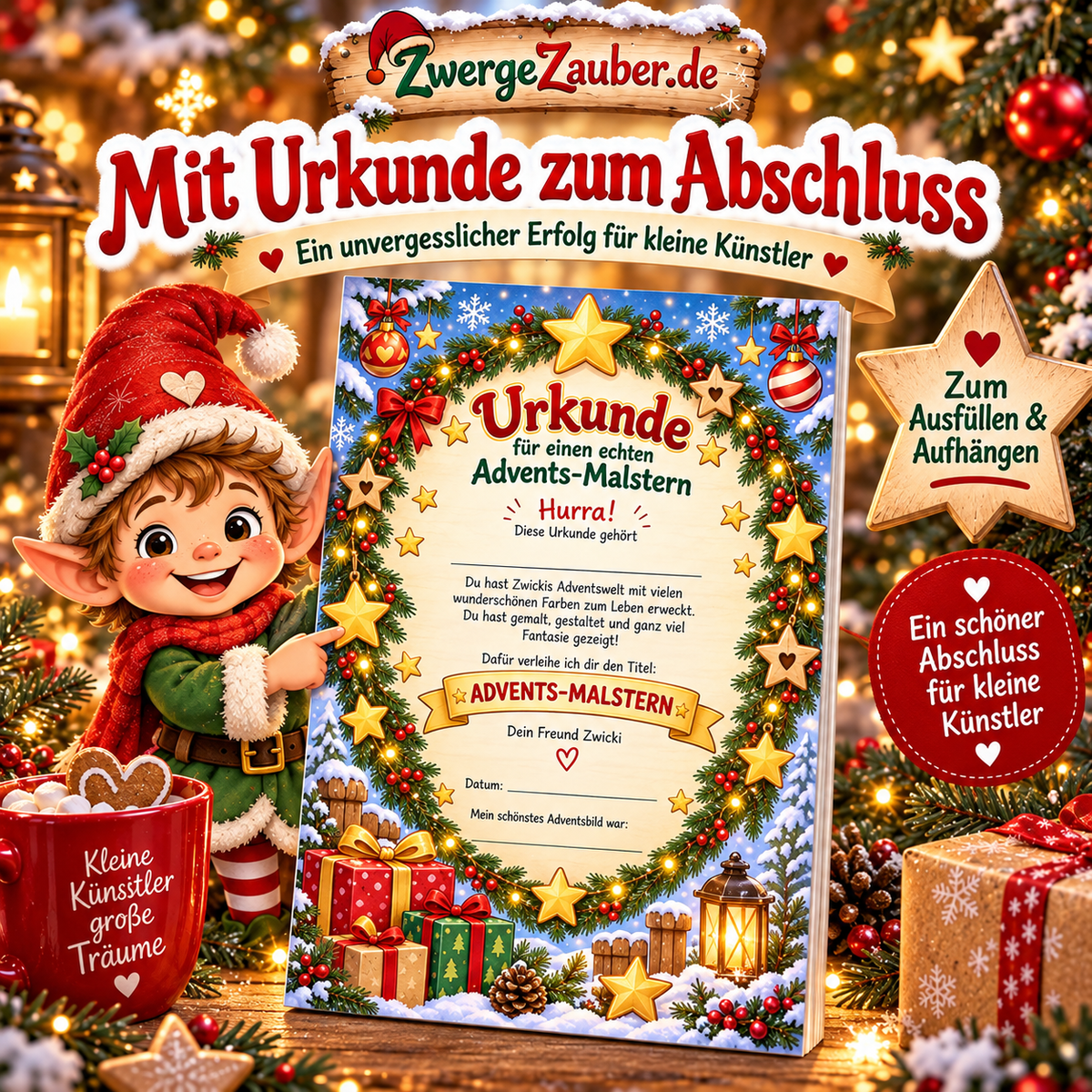 Farbige Advents-Malstern-Urkunde mit Zwicki zum Ausfüllen und Aufhängen als Abschluss des 32-seitigen Advents-Malbuchs.
