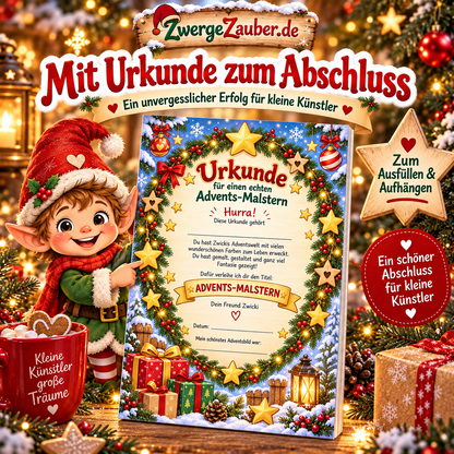 Farbige Advents-Malstern-Urkunde mit Zwicki zum Ausfüllen und Aufhängen als Abschluss des 32-seitigen Advents-Malbuchs.