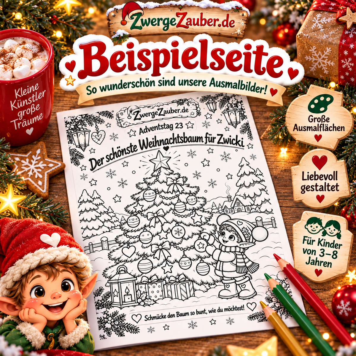 Beispiel-Ausmalbild aus Zwickis Advents-Malbuch: Zwicki schmückt einen Weihnachtsbaum auf einer druckbaren Malvorlage für Kinder.