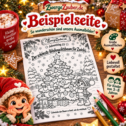 Beispiel-Ausmalbild aus Zwickis Advents-Malbuch: Zwicki schmückt einen Weihnachtsbaum auf einer druckbaren Malvorlage für Kinder.