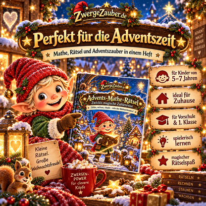 Inhaltsübersicht zum Advents-Mathe-Rätsel: 32 PDF-Seiten mit 24 Rätselseiten, sechs Adventswelten, Mathe-Pass, Finale, Urkunde und Lösungen.