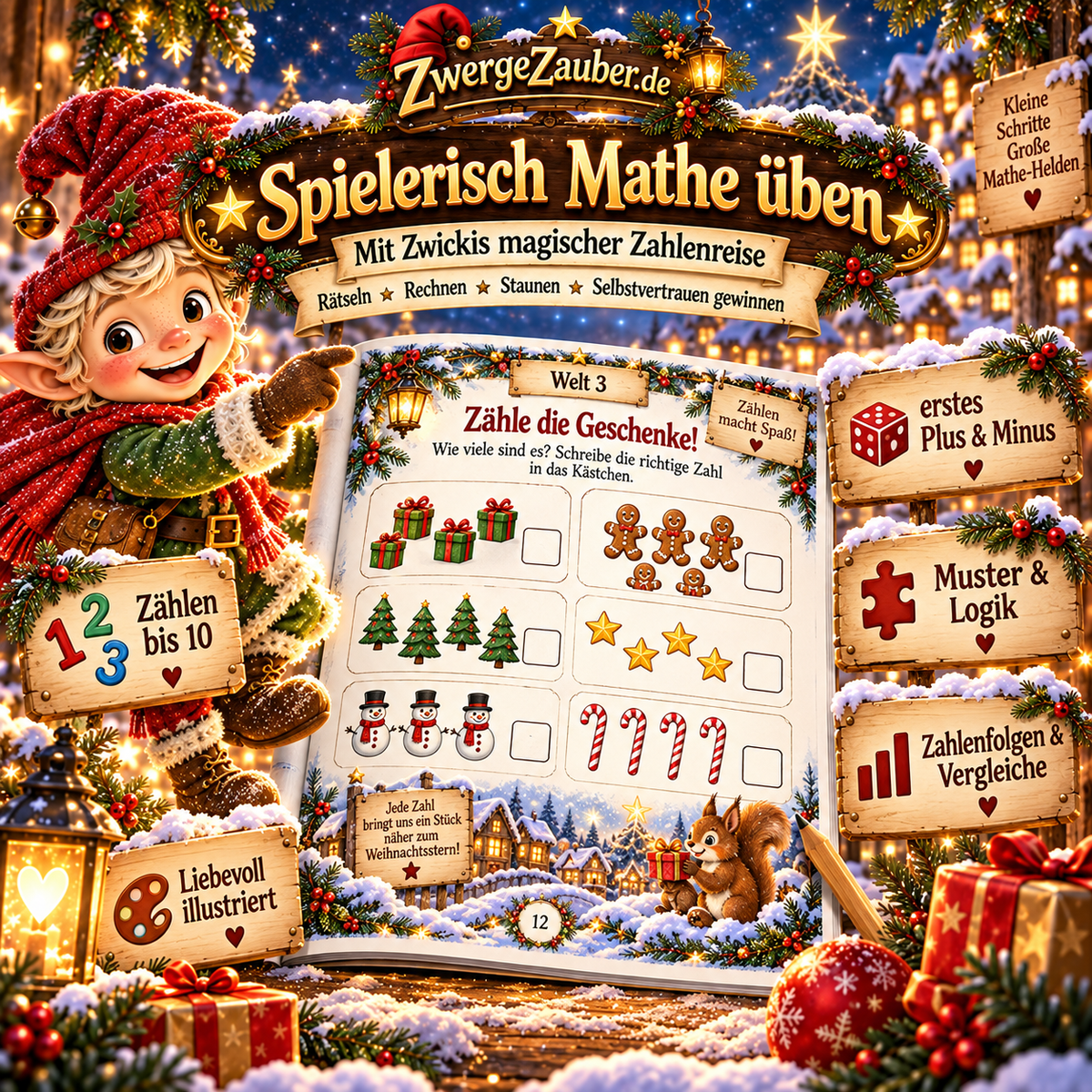 Advents-Mathe-Rätsel für Kinder von 5 bis 7 Jahren: Zwicki zeigt das weihnachtliche PDF-Heft zum spielerischen Lernen zu Hause und in der Vorschule.
