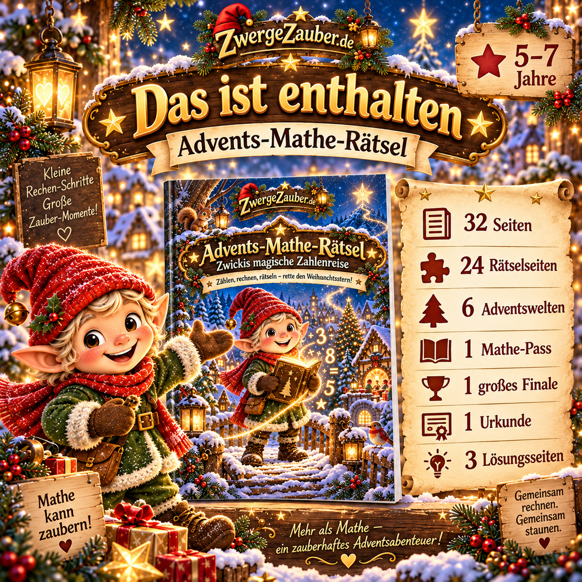 Zwicki präsentiert eine illustrierte Beispielseite des Advents-Mathe-Rätsels mit Zählaufgaben, Zahlen bis 10, Plus und Minus sowie Mustern und Logik.