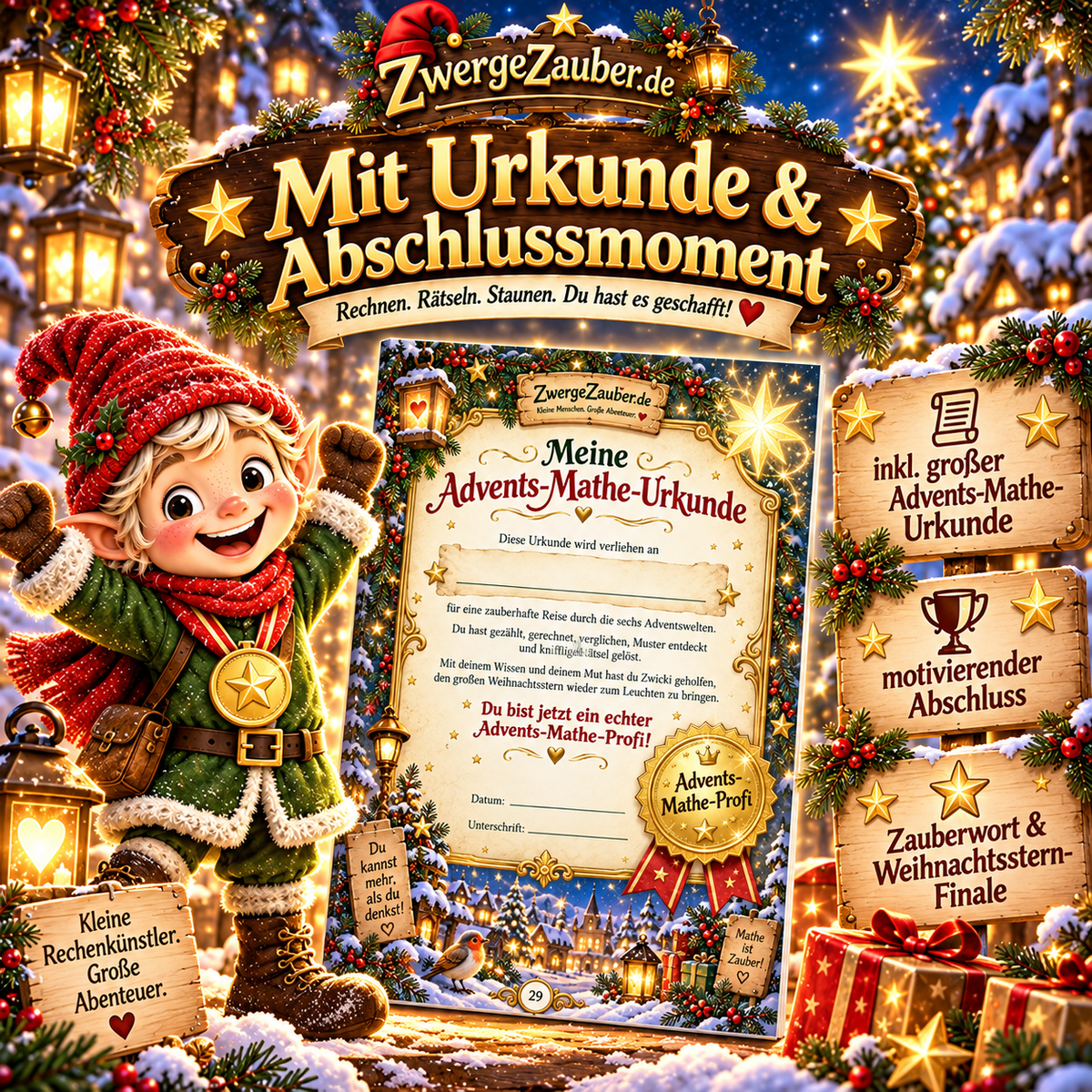 Zwicki mit goldener Medaille neben der Advents-Mathe-Urkunde zum Ausfüllen; das Rätselheft enthält ein Weihnachtsstern-Finale und eine Urkunde.
