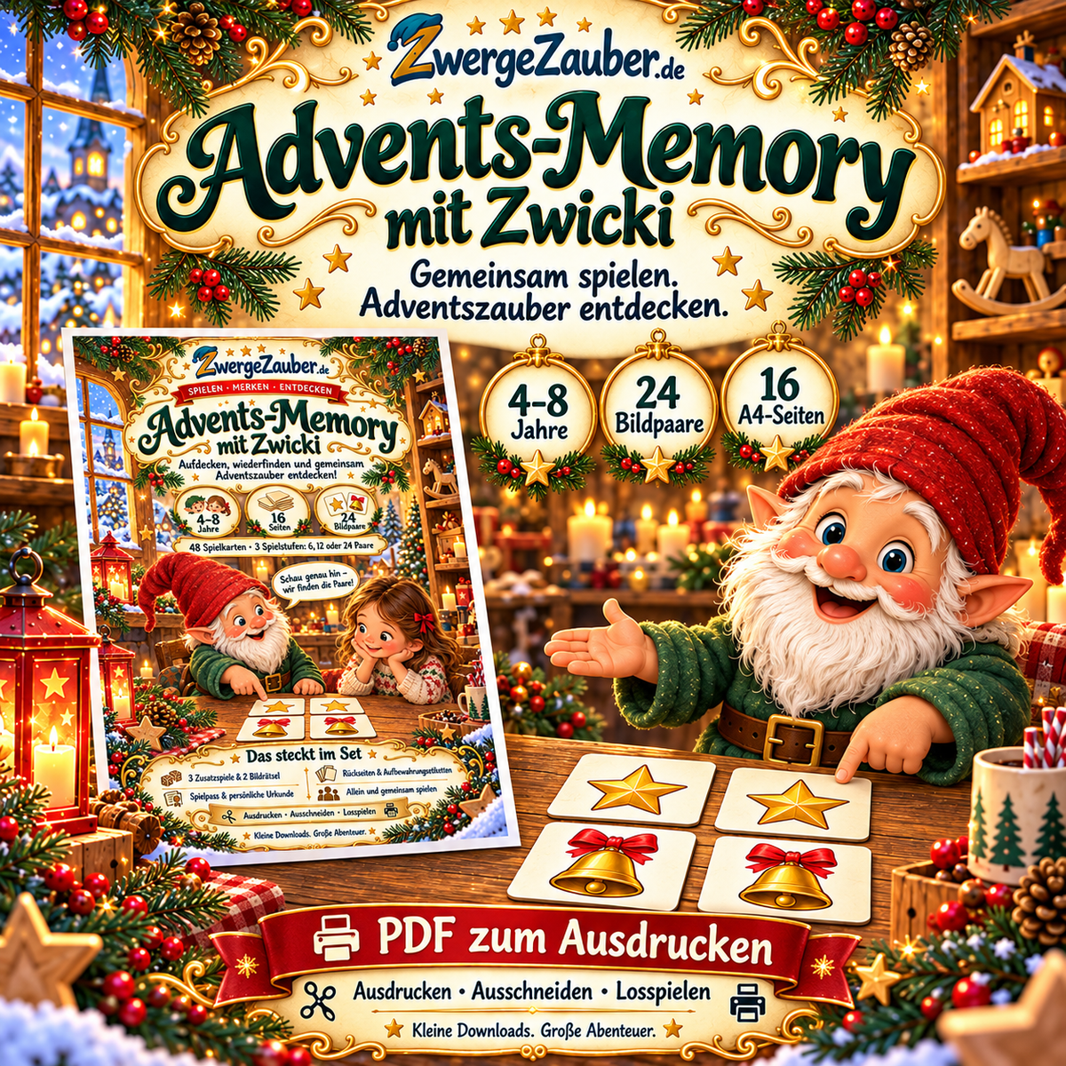Advents-Memory mit Zwicki von ZwergeZauber: Cover und Spielkarten in einer weihnachtlichen Werkstatt, für 4–8 Jahre, mit 24 Bildpaaren auf 16 A4-Seiten als PDF zum Ausdrucken.