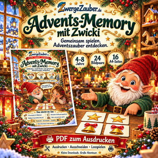 Advents-Memory mit Zwicki von ZwergeZauber: Cover und Spielkarten in einer weihnachtlichen Werkstatt, für 4–8 Jahre, mit 24 Bildpaaren auf 16 A4-Seiten als PDF zum Ausdrucken.
