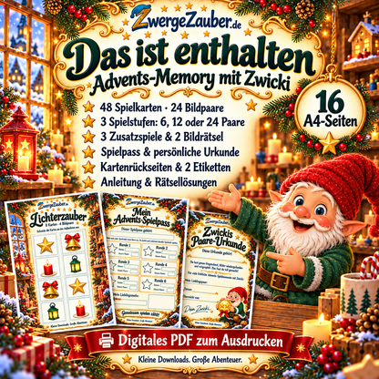 Inhalt des Advents-Memory von ZwergeZauber: 48 Spielkarten, drei Spielstufen, Zusatzspiele, Bildrätsel, Spielpass, Urkunde, Rückseiten und Etiketten auf 16 A4-Seiten.