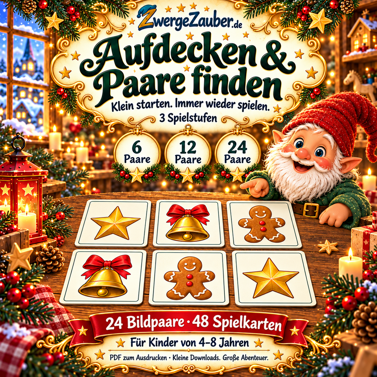Zwicki zeigt sechs Advents-Memory-Karten mit Sternen, Glocken und Lebkuchenmännchen sowie die drei Spielstufen mit 6, 12 oder 24 Paaren für Kinder von 4–8 Jahren.