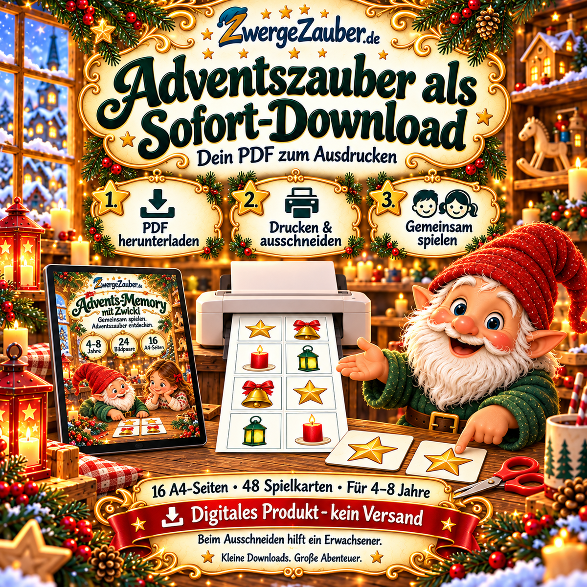Advents-Memory als PDF-Sofort-Download: herunterladen, drucken und ausschneiden, gemeinsam spielen. Zwicki zeigt Spielkarten neben Tablet und Drucker; 16 A4-Seiten für 4–8 Jahre.
