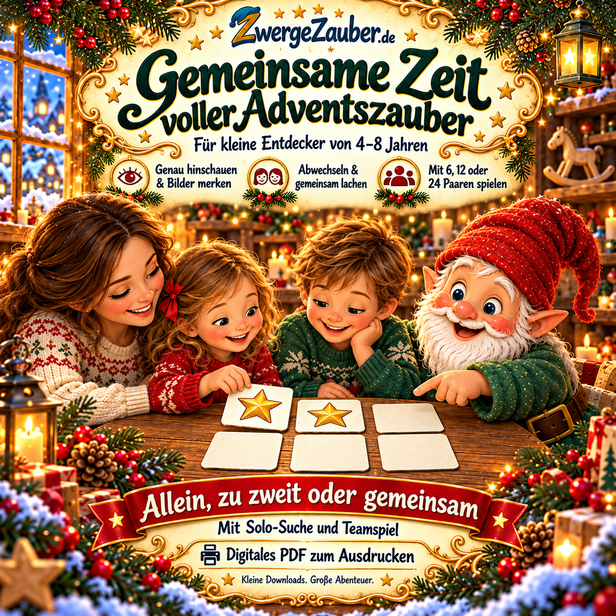 Eine Mutter und zwei Kinder spielen mit Zwicki Advents-Memory. Zwei Sternkarten bilden ein Paar. Für 4–8 Jahre, mit drei Spielstufen, Solo-Suche und Teamspiel.