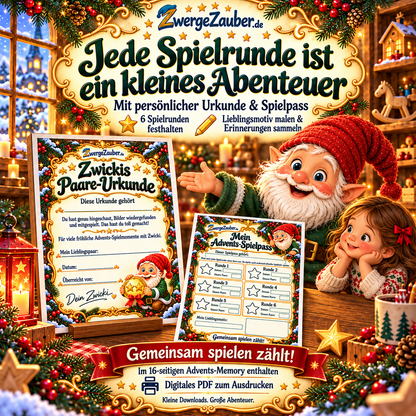 Zwicki präsentiert die persönliche Paare-Urkunde und den Advents-Spielpass für sechs Runden. Beide Vorlagen sind im 16-seitigen Advents-Memory als PDF enthalten.