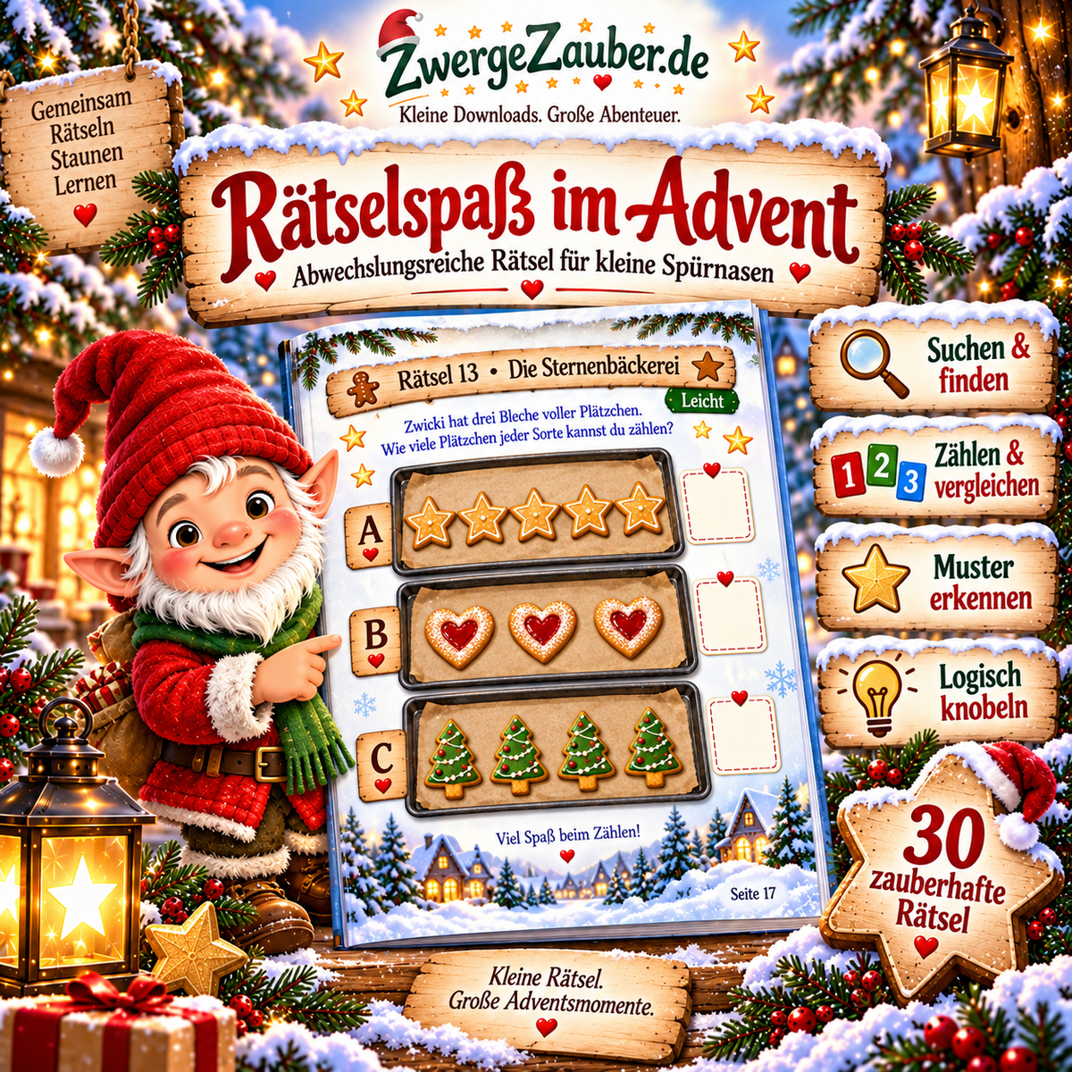 Einblick in das Advents-Rätselheft mit Zwicki: weihnachtliche Zählaufgaben, Suchbilder, Muster und Logikrätsel für Kinder von 4 bis 8 Jahren.