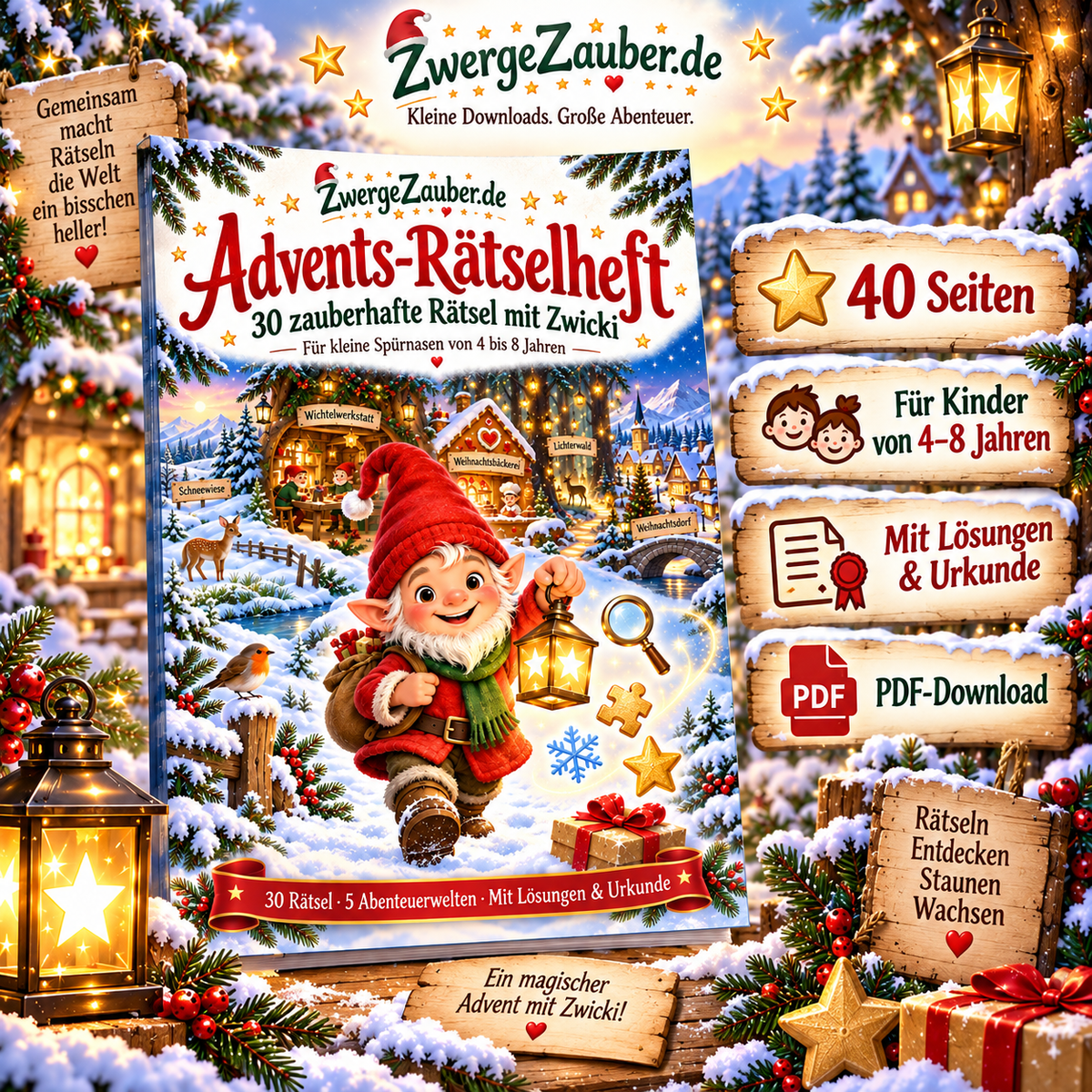 Advents-Rätselheft von ZwergeZauber mit Zwicki für Kinder von 4 bis 8 Jahren – 40 Seiten mit 30 Weihnachtsrätseln, Lösungen und Urkunde.