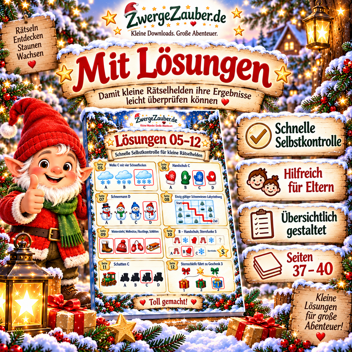 Advents-Rätselheft für Kinder mit übersichtlichen Lösungsseiten zur Selbstkontrolle – Weihnachtsrätsel mit Zwicki einschließlich Lösungen auf den Seiten 37 bis 40.