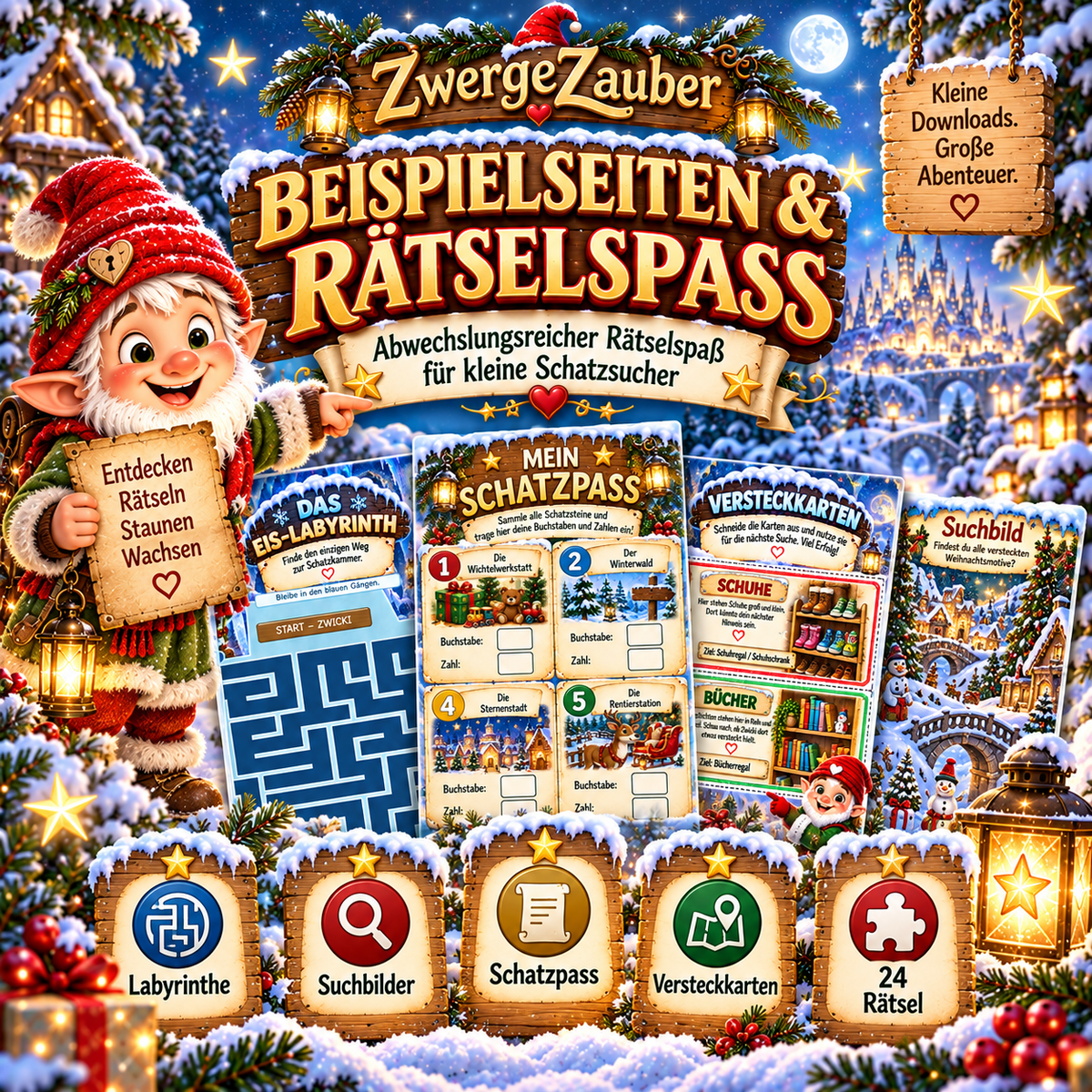 Beispielseiten der Advents-Schatzsuche XXL mit Labyrinth, Schatzpass, Versteckkarten, Suchaufgaben und 24 Weihnachtsrätseln für Kinder.