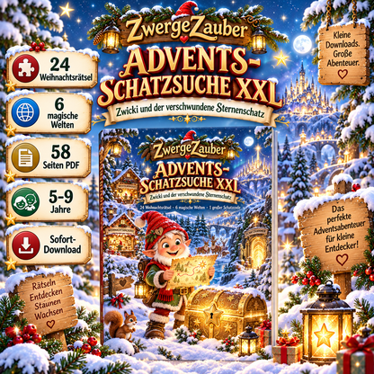 Advents-Schatzsuche XXL von ZwergeZauber für Kinder von 5–9 Jahren mit 24 Weihnachtsrätseln, 6 magischen Welten und 58 Seiten als PDF.