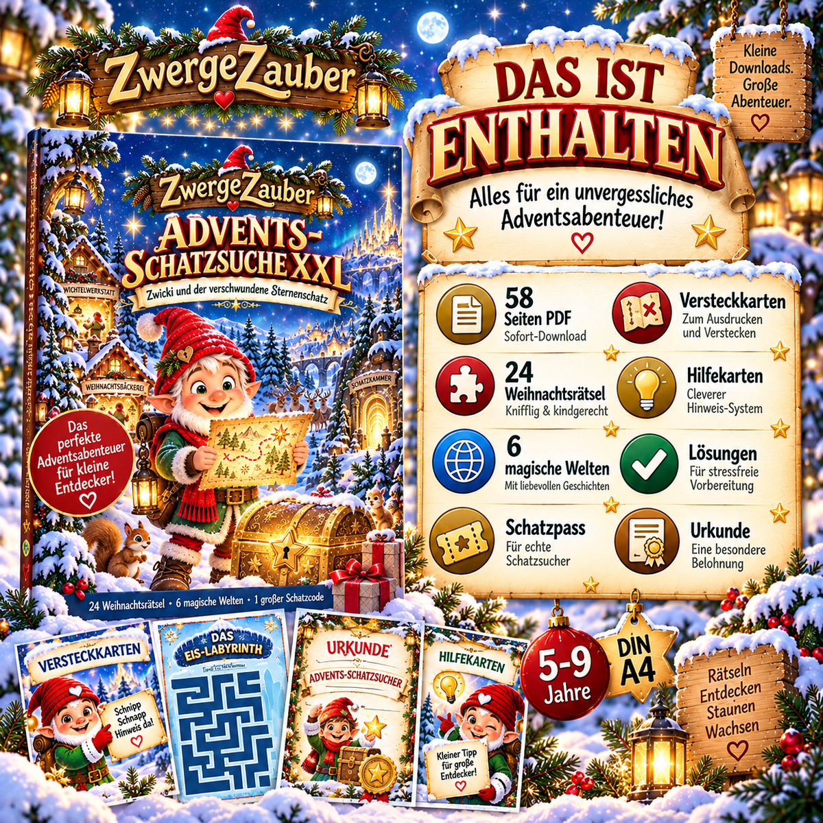 Das ist enthalten in der ZwergeZauber Advents-Schatzsuche XXL: 58 Seiten, 24 Rätsel, 6 Welten, Schatzpass, Versteckkarten, Hilfekarten und Urkunde.