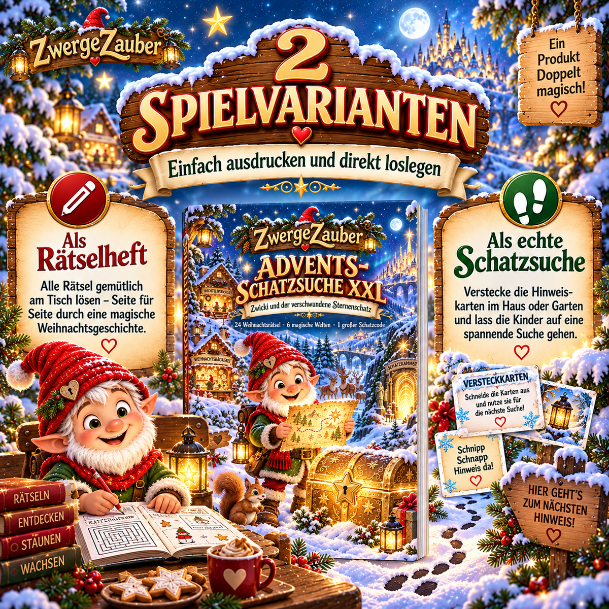 ZwergeZauber Advents-Schatzsuche XXL mit zwei Spielvarianten: als Rätselheft am Tisch oder als echte Schatzsuche mit Versteckkarten.
