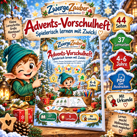 ZwergeZauber Advents-Vorschulheft für Kinder von 4 bis 6 Jahren mit Zwicki, 44 PDF-Seiten, 37 Lernseiten und Urkunde.