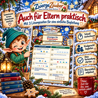 Drei übersichtliche Lösungsseiten für Eltern im Advents-Vorschulheft von ZwergeZauber zur einfachen Begleitung der Lernaufgaben.