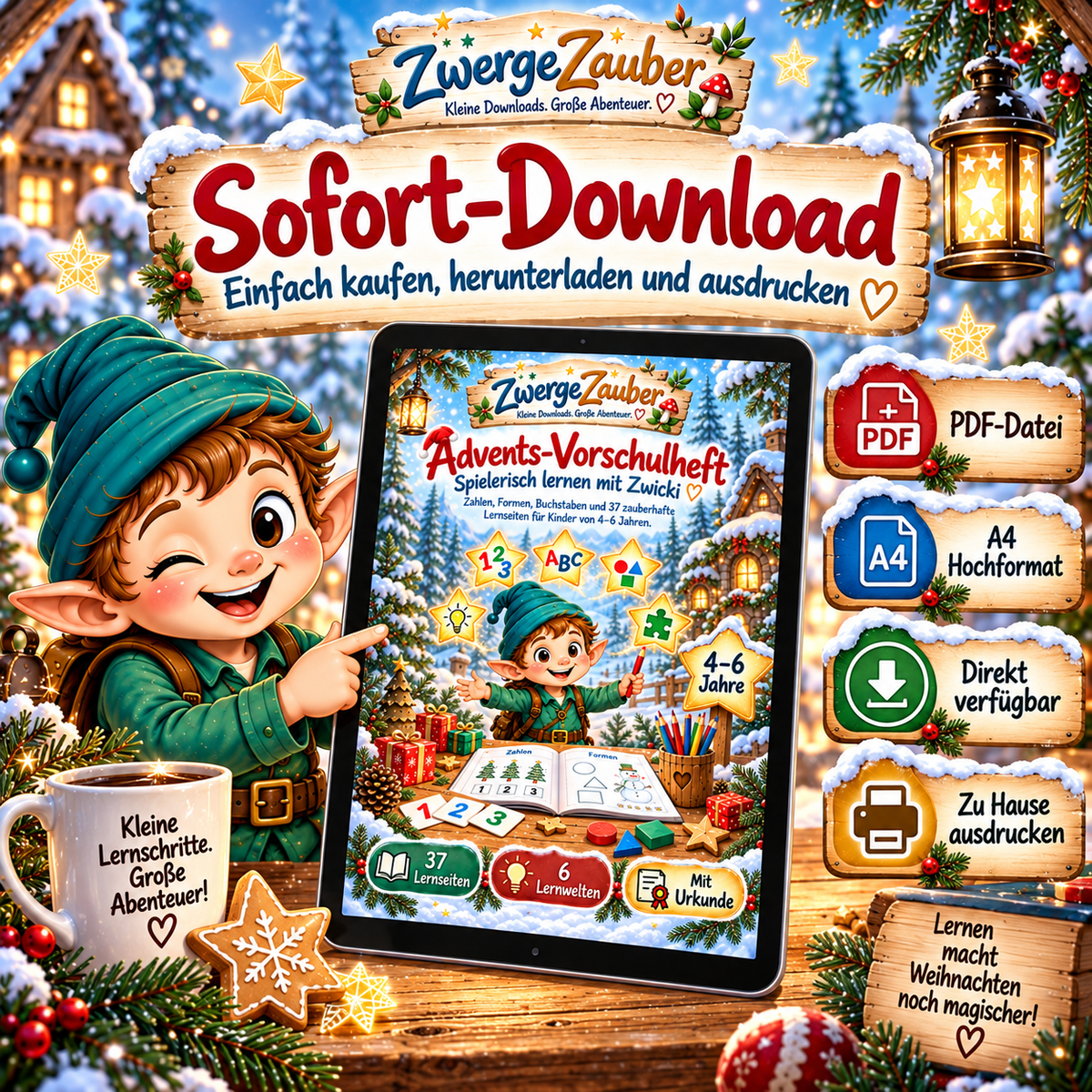Advents-Vorschulheft von ZwergeZauber als digitaler Sofort-Download im DIN-A4-PDF-Format zum Ausdrucken zu Hause.
