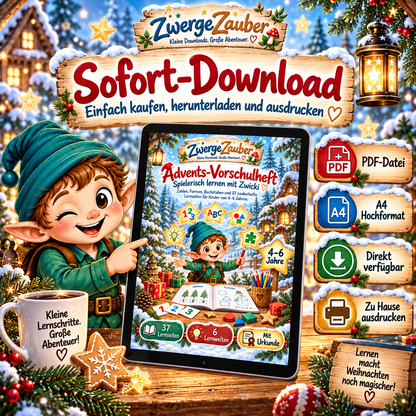 Advents-Vorschulheft von ZwergeZauber als digitaler Sofort-Download im DIN-A4-PDF-Format zum Ausdrucken zu Hause.