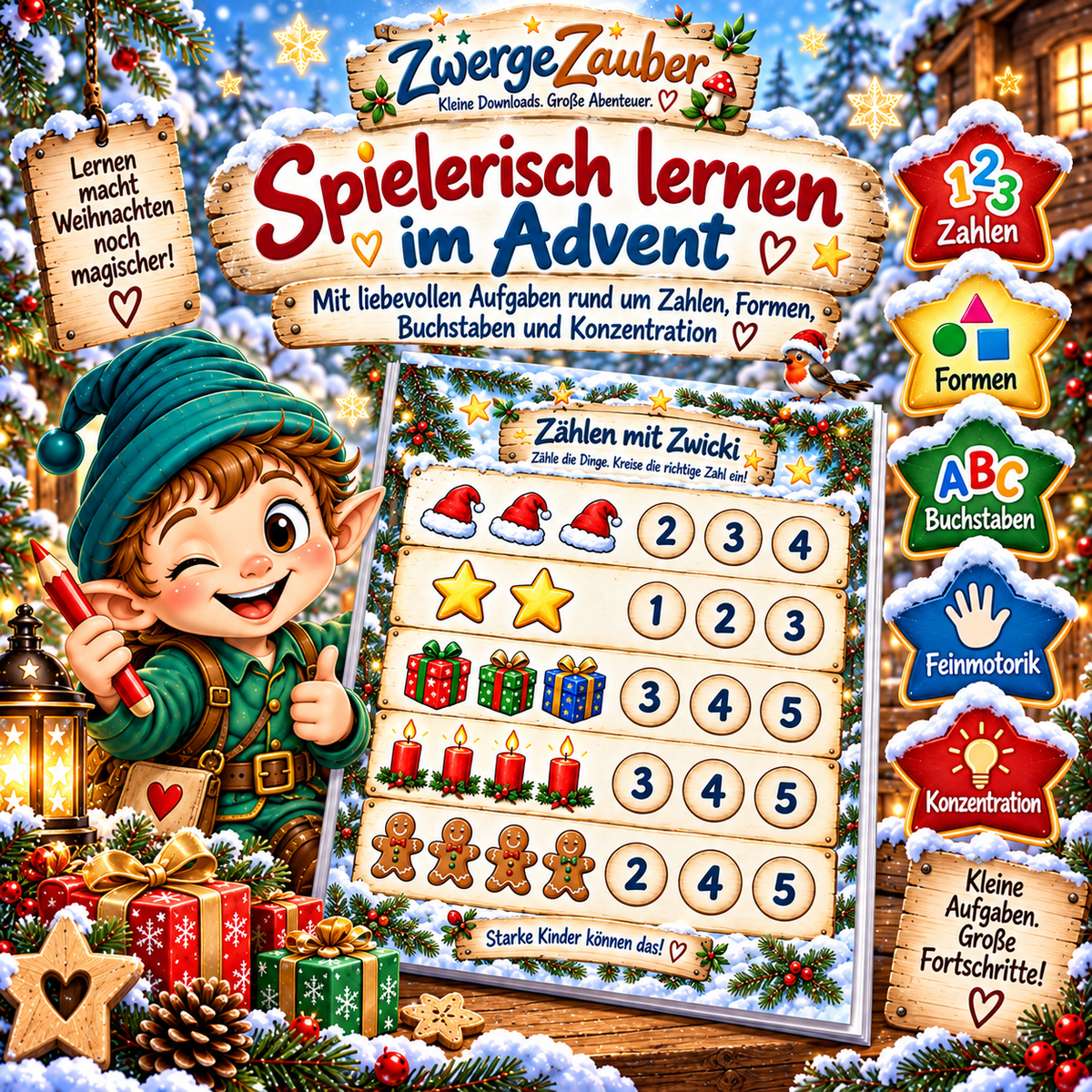 Spielerisch lernen im Advent mit Zwicki: Vorschulübungen zu Zahlen, Formen, Buchstaben, Feinmotorik und Konzentration für Kinder ab 4 Jahren.