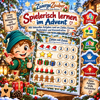 Spielerisch lernen im Advent mit Zwicki: Vorschulübungen zu Zahlen, Formen, Buchstaben, Feinmotorik und Konzentration für Kinder ab 4 Jahren.