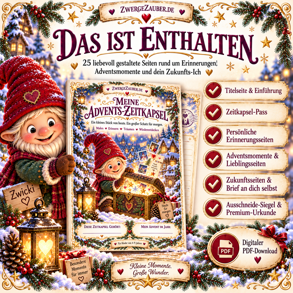Inhalt der Advents-Zeitkapsel mit 25 PDF-Seiten, Zeitkapsel-Pass, persönlichen Erinnerungsseiten, Adventsmomenten, Zukunftsbrief, Ausschneidesiegeln und Urkunde.