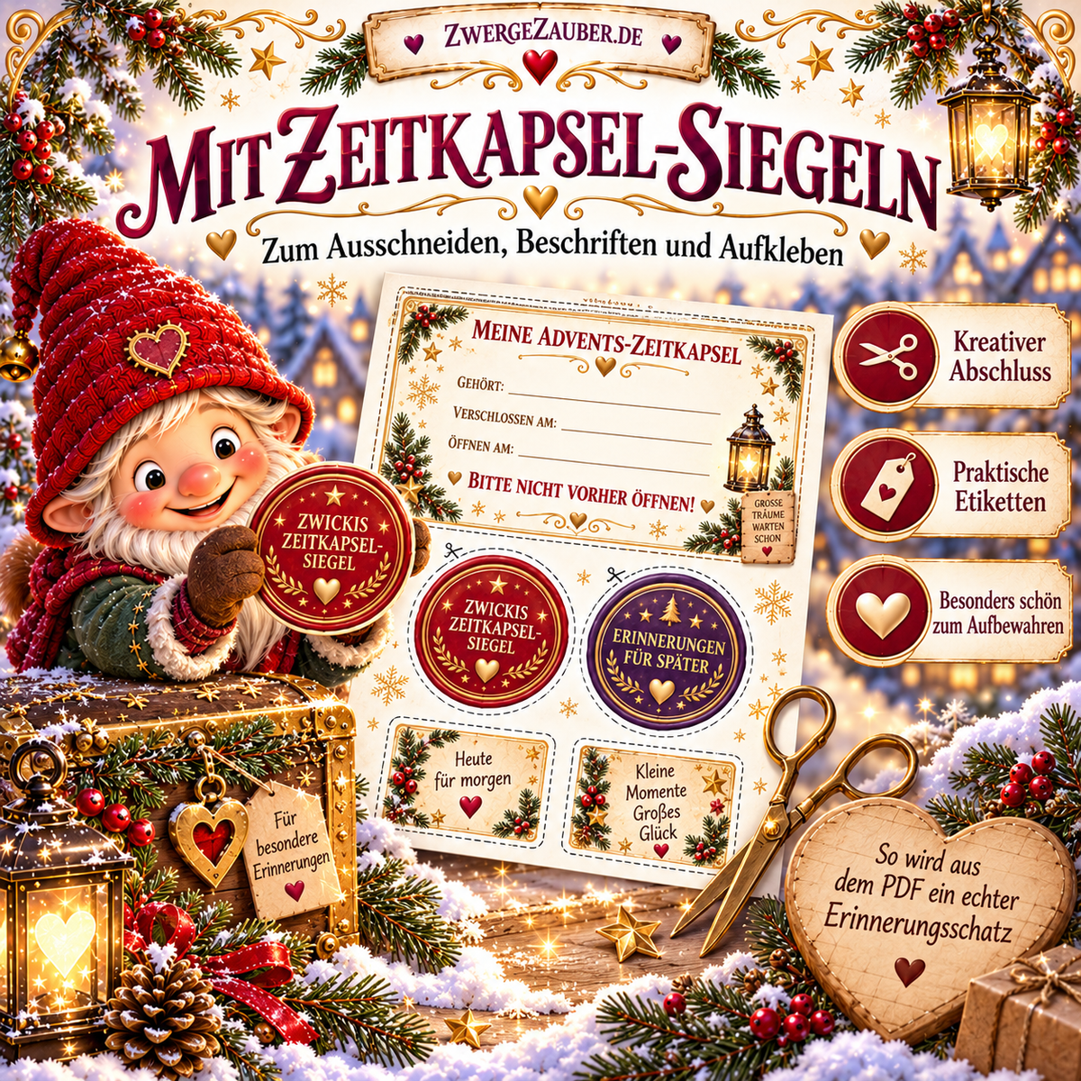 Advents-Zeitkapsel mit ausschneidbaren Etiketten und Erinnerungssiegeln zum Beschriften, Ausschneiden und Verschließen einer persönlichen Erinnerungsbox.