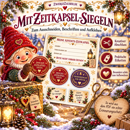 Advents-Zeitkapsel mit ausschneidbaren Etiketten und Erinnerungssiegeln zum Beschriften, Ausschneiden und Verschließen einer persönlichen Erinnerungsbox.