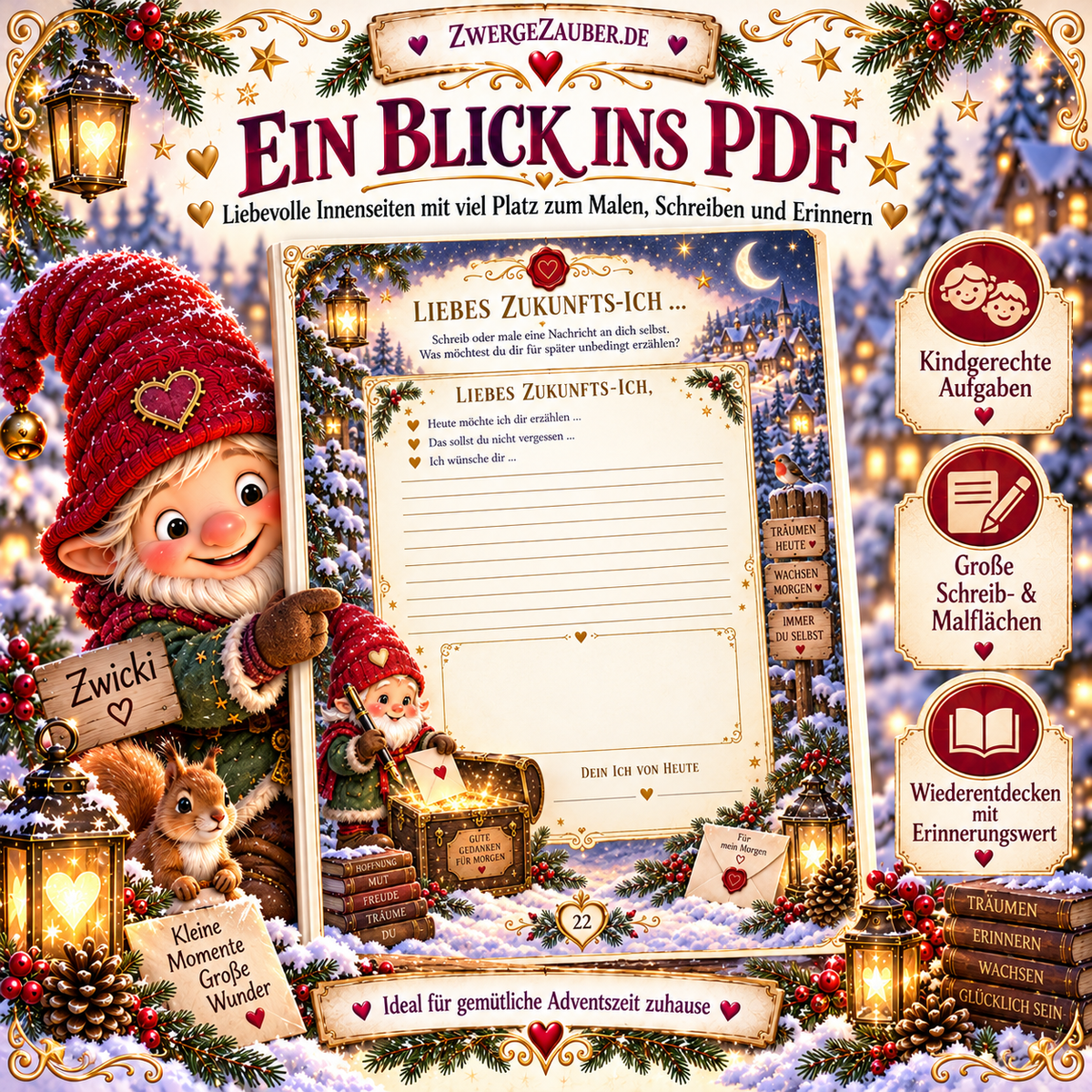 Beispielseite aus der Advents-Zeitkapsel mit dem Brief an das Zukunfts-Ich, kindgerechten Schreiblinien, freiem Malbereich und dem Weihnachtszwerg Zwicki.