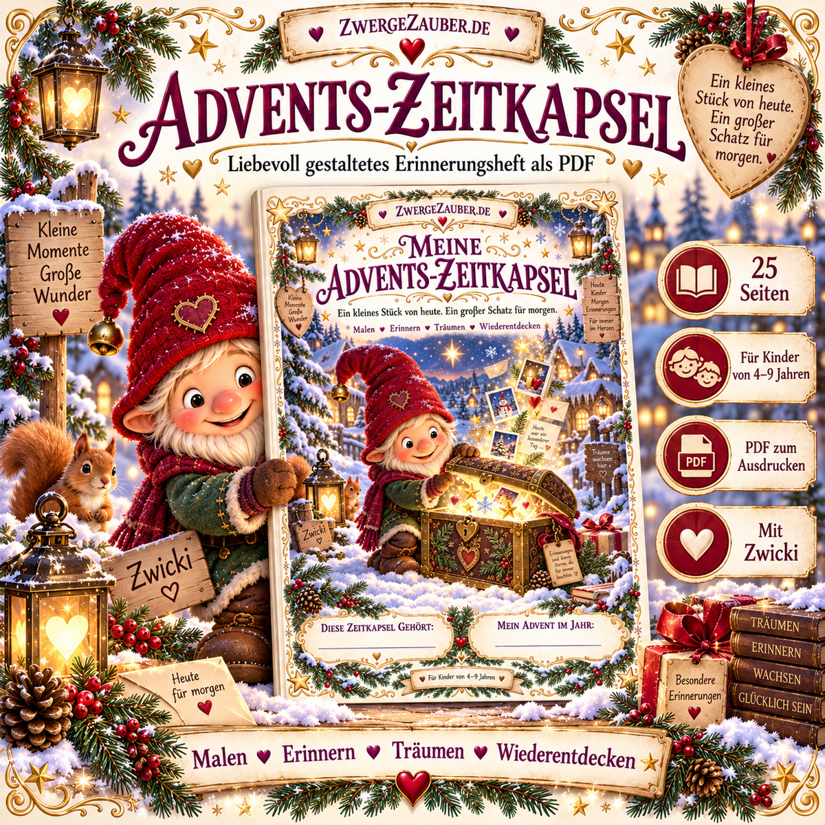 Advents-Zeitkapsel von ZwergeZauber – 25-seitiges PDF-Erinnerungsheft für Kinder von 4–9 Jahren mit Zwicki, magischer Schatztruhe und weihnachtlichen Erinnerungen.