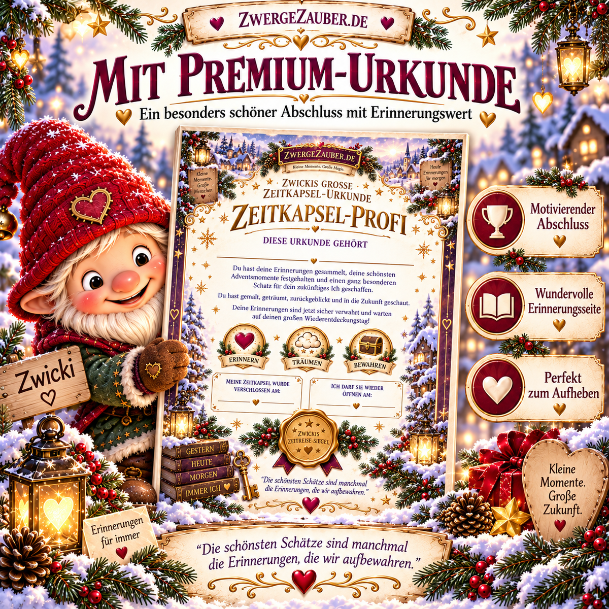 Hochwertige Zeitkapsel-Profi-Urkunde von ZwergeZauber mit Zwicki, Namensfeld, Erinnerungsabzeichen und Datumsfeldern als Abschluss des Advents-Erinnerungsheftes.
