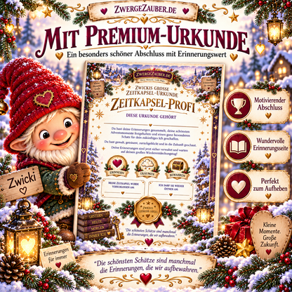 Hochwertige Zeitkapsel-Profi-Urkunde von ZwergeZauber mit Zwicki, Namensfeld, Erinnerungsabzeichen und Datumsfeldern als Abschluss des Advents-Erinnerungsheftes.