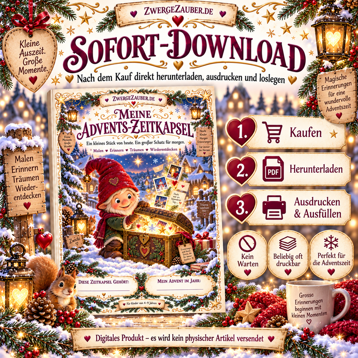 Advents-Zeitkapsel als digitaler PDF-Sofortdownload – nach dem Kauf herunterladen, auf DIN A4 ausdrucken und gemeinsam mit Kindern Erinnerungen gestalten.