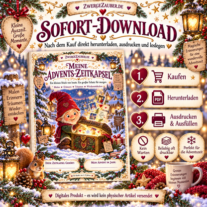 Advents-Zeitkapsel als digitaler PDF-Sofortdownload – nach dem Kauf herunterladen, auf DIN A4 ausdrucken und gemeinsam mit Kindern Erinnerungen gestalten.