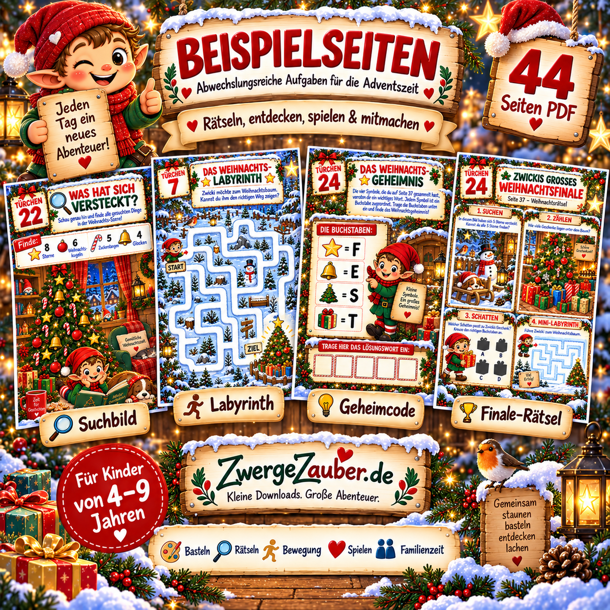 Beispielseiten aus dem Adventskalender mit Suchbild, Weihnachtslabyrinth, Geheimcode und Weihnachtsfinale für Kinder von 4 bis 9 Jahren