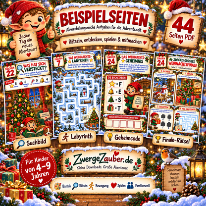 Beispielseiten aus dem Adventskalender mit Suchbild, Weihnachtslabyrinth, Geheimcode und Weihnachtsfinale für Kinder von 4 bis 9 Jahren