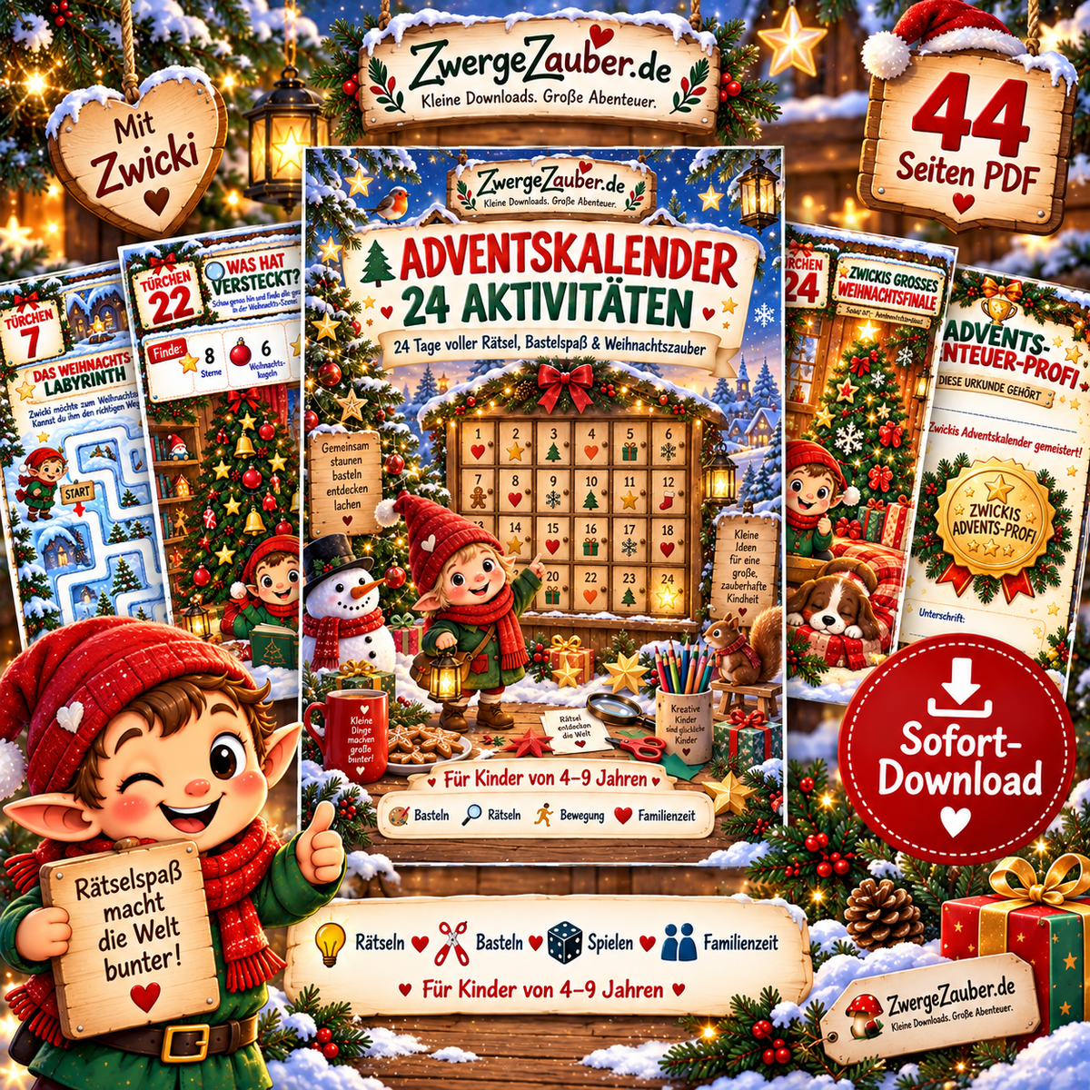 Adventskalender mit 24 Aktivitäten für Kinder von 4 bis 9 Jahren – 44 Seiten PDF mit Zwicki, Rätseln, Basteln und Weihnachtsspaß