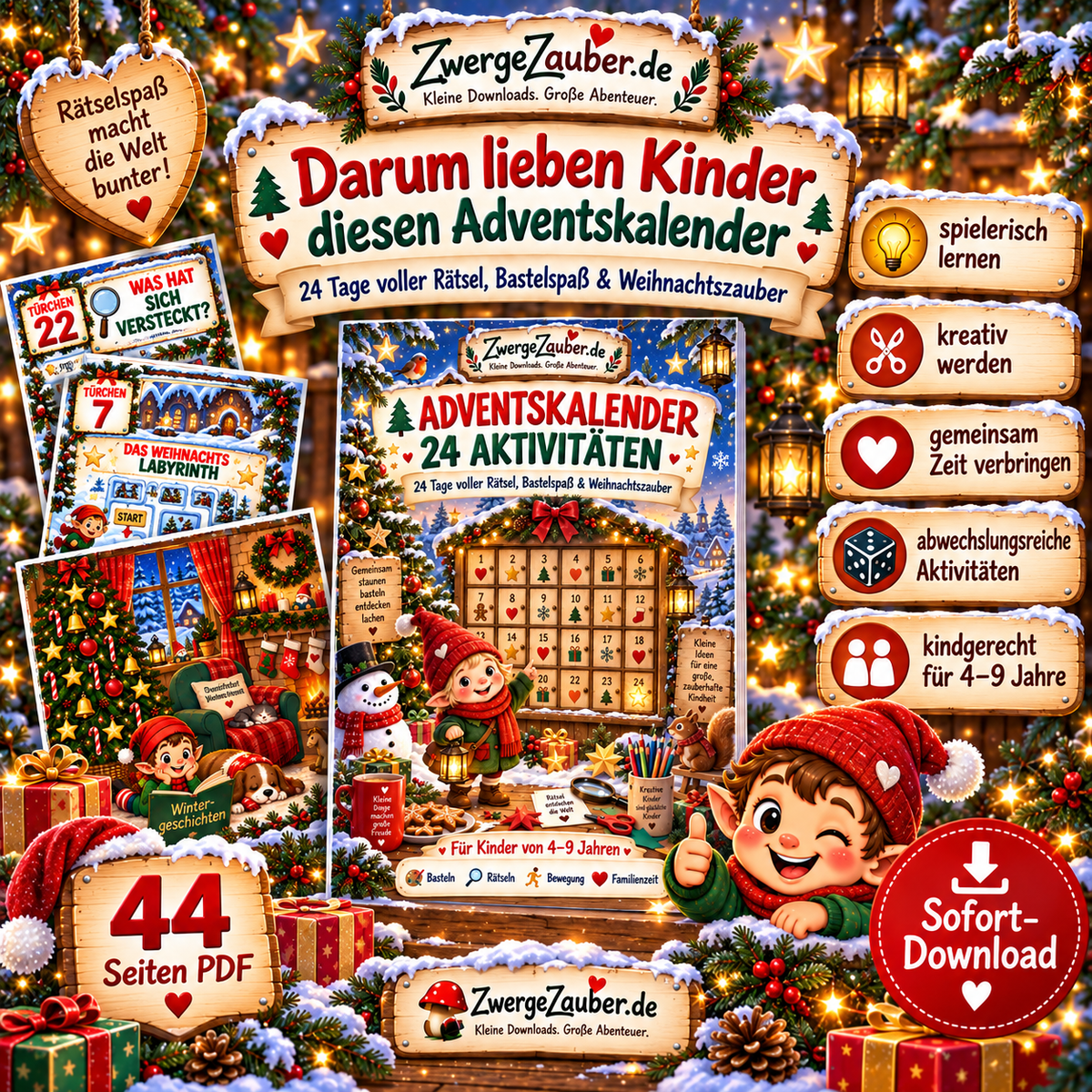 44 Seiten Adventskalender zum Ausdrucken mit 24 Aktivitäten, Rätseln, Bastelideen, Spielen, Erinnerungsseiten, Lösungen und Urkunde