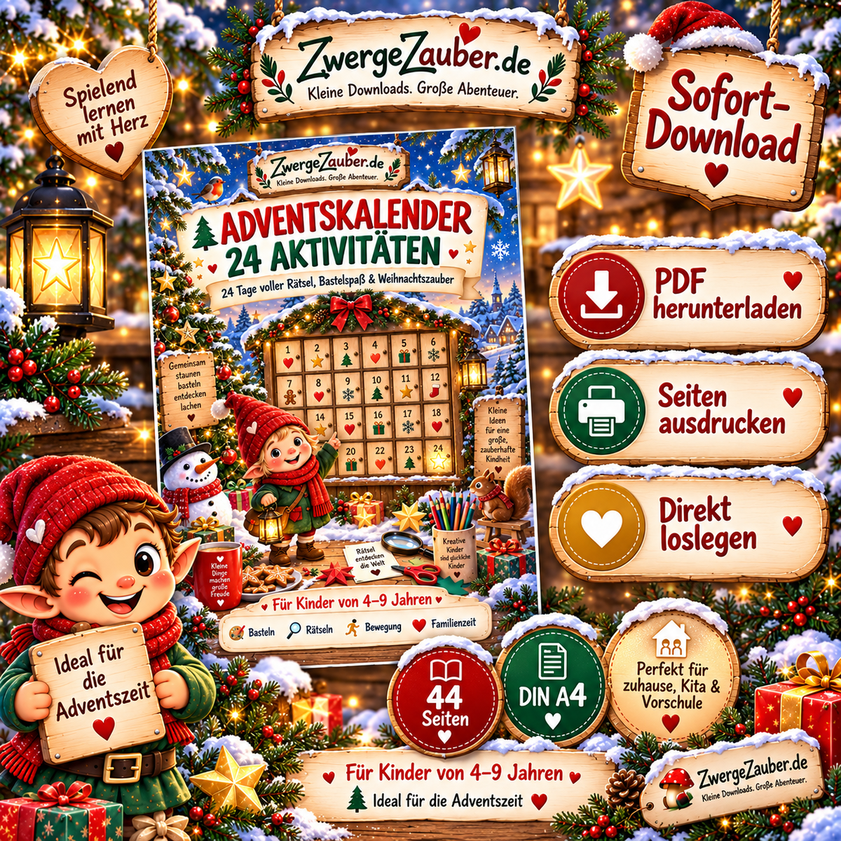 Digitaler Adventskalender für Kinder als Sofort-Download – 44 Seiten DIN A4 zum Ausdrucken mit 24 Weihnachtsaktivitäten