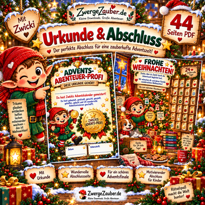 Adventskalender für Kinder mit Advents-Abenteuer-Profi Urkunde und festlicher Abschlussseite für ein besonderes Weihnachtsfinale