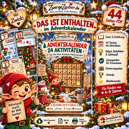 Adventskalender für Kinder mit abwechslungsreichen Rätseln, Bastelspaß, Bewegung, Familienzeit und 24 täglichen Weihnachtsaktivitäten